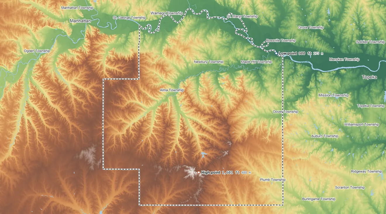 Topographic elevation map of Wabaunsee County, Kansas, shaded from 900 ft on the northeast side to 1,601 ft on Gun Barrel Hill