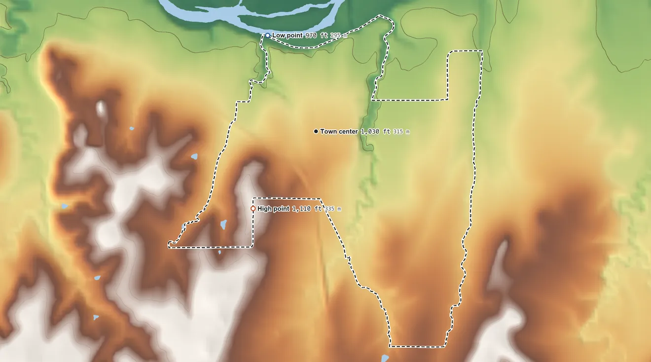 Topographic elevation map of Wabaunsee, Kansas, shaded from 970 ft on the northwest side to 1,110 ft on the southwest side