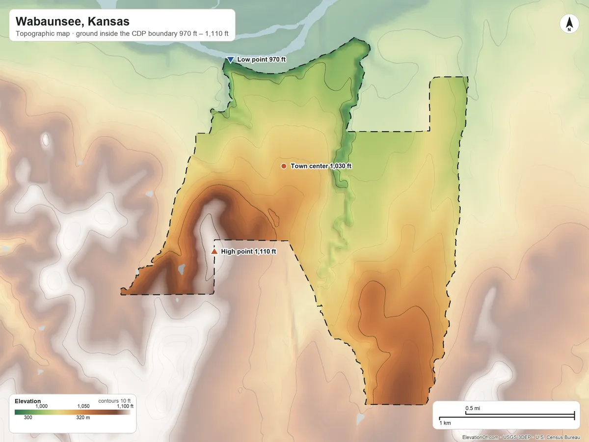 Topographic elevation map of Wabaunsee, Kansas, shaded from 970 ft on the northwest side to 1,110 ft on the southwest side