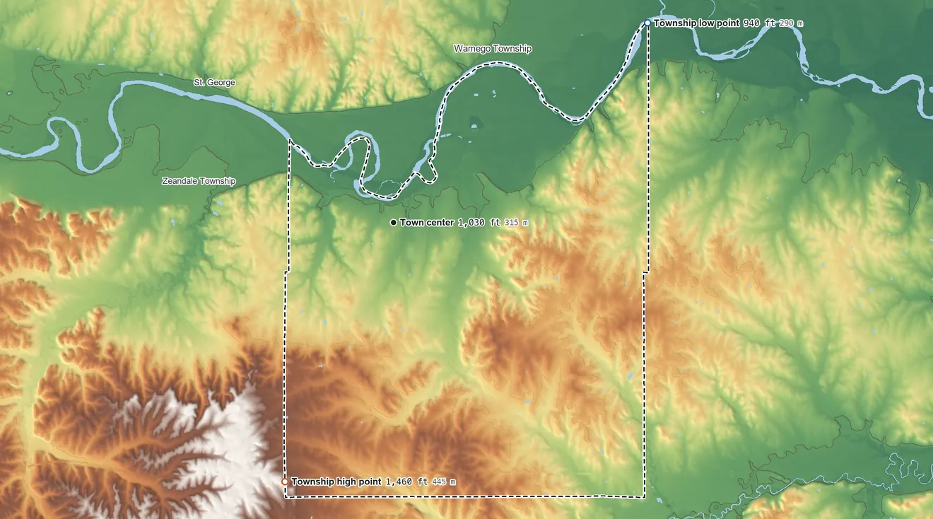 Topographic elevation map of Wabaunsee Township, Kansas, shaded from 940 ft on the northeast side to 1,460 ft on the southwest side