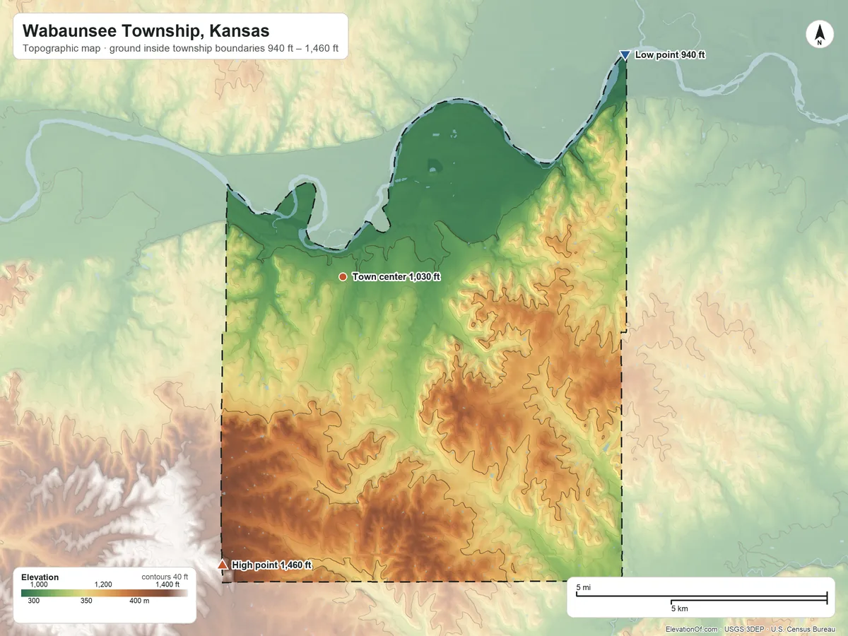 Topographic elevation map of Wabaunsee Township, Kansas, shaded from 940 ft on the northeast side to 1,460 ft on the southwest side