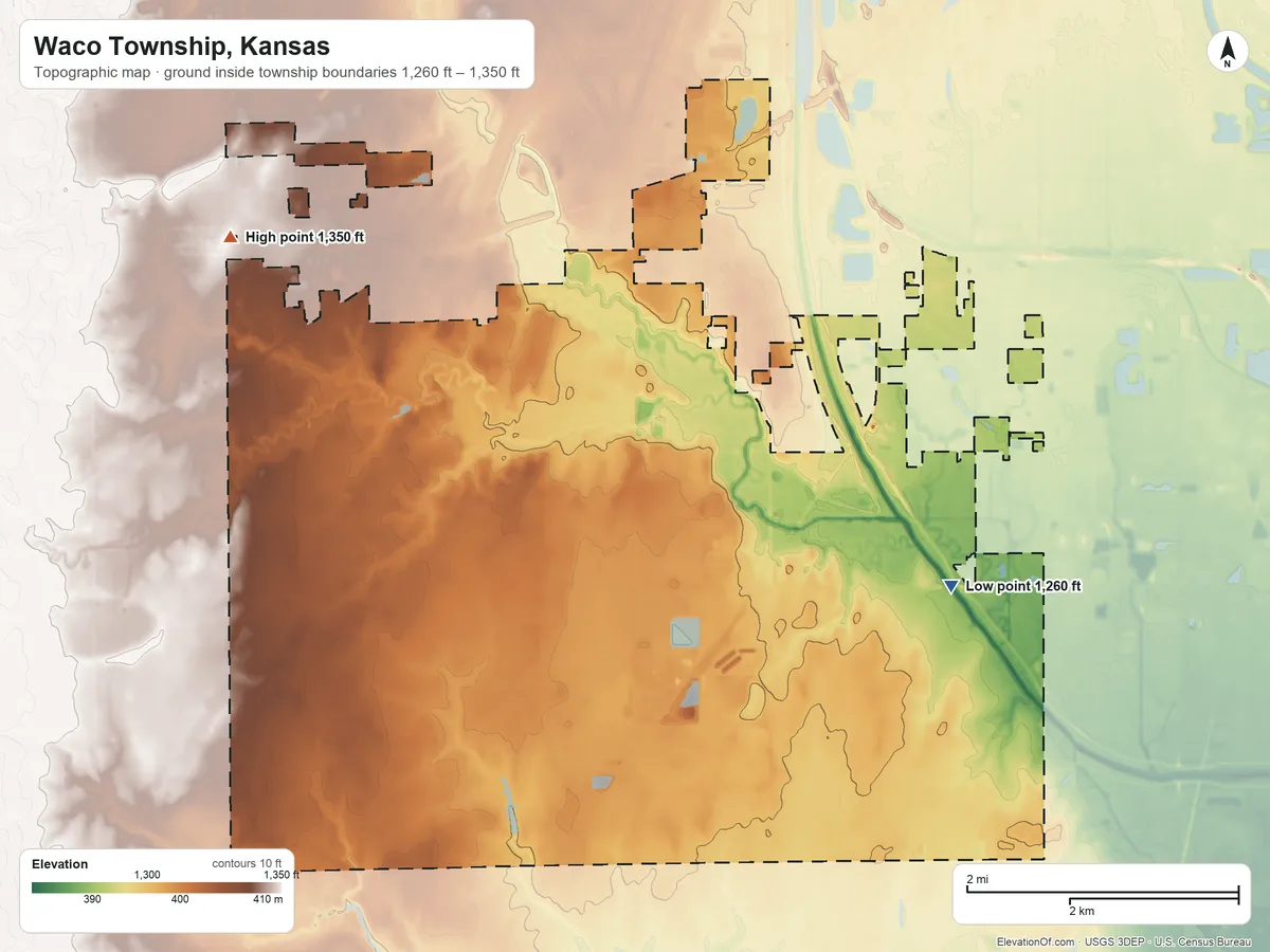 Topographic elevation map of Waco Township, Kansas, shaded from 1,260 ft on the southeast side to 1,350 ft on the west side