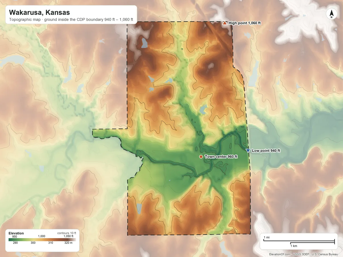 Topographic elevation map of Wakarusa, Kansas, shaded from 940 ft on the east side to 1,060 ft on the north side