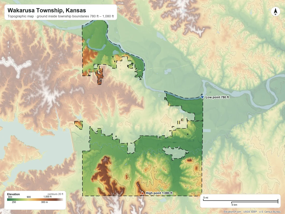 Topographic elevation map of Wakarusa Township, Kansas, shaded from 780 ft on the northeast side to 1,080 ft on the south side