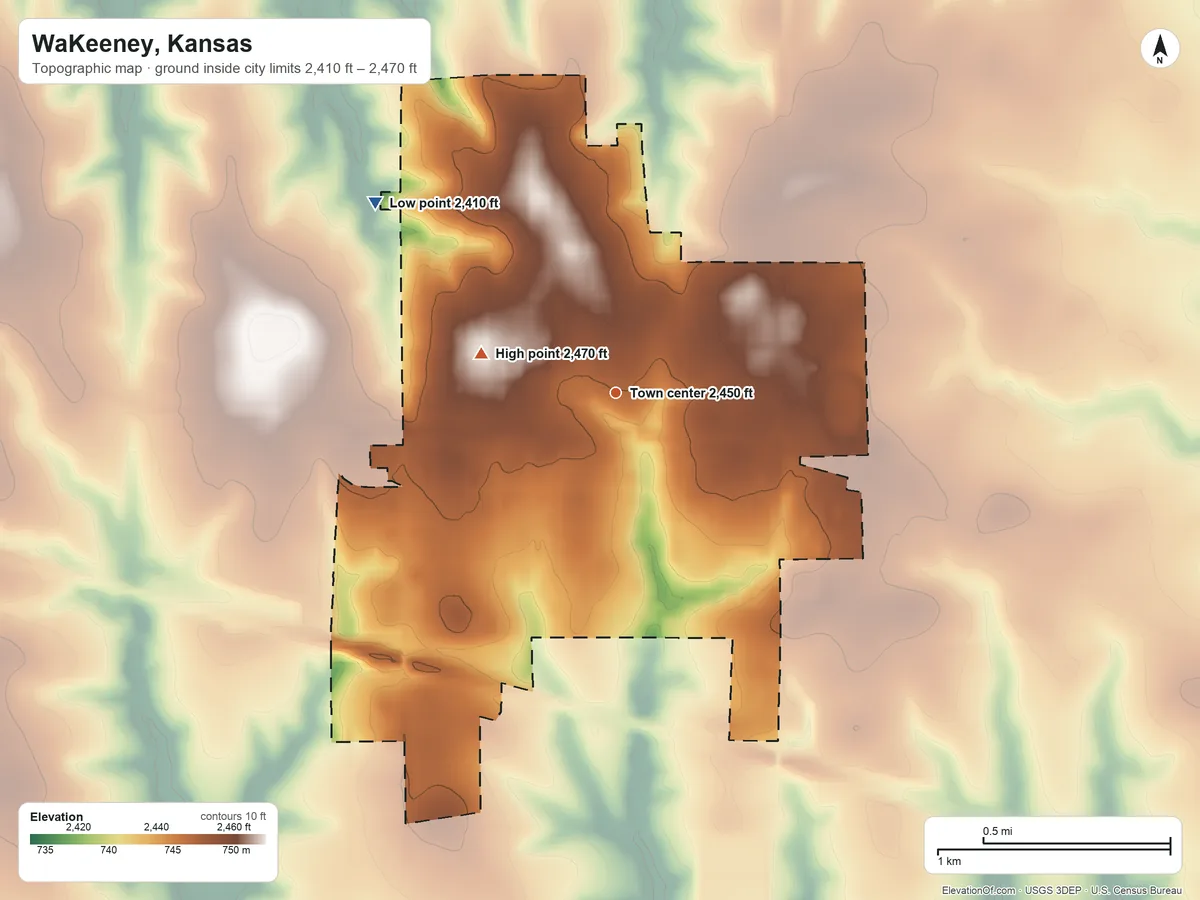 Topographic elevation map of WaKeeney, Kansas, shaded from 2,410 ft on the northwest side to 2,470 ft on the west side