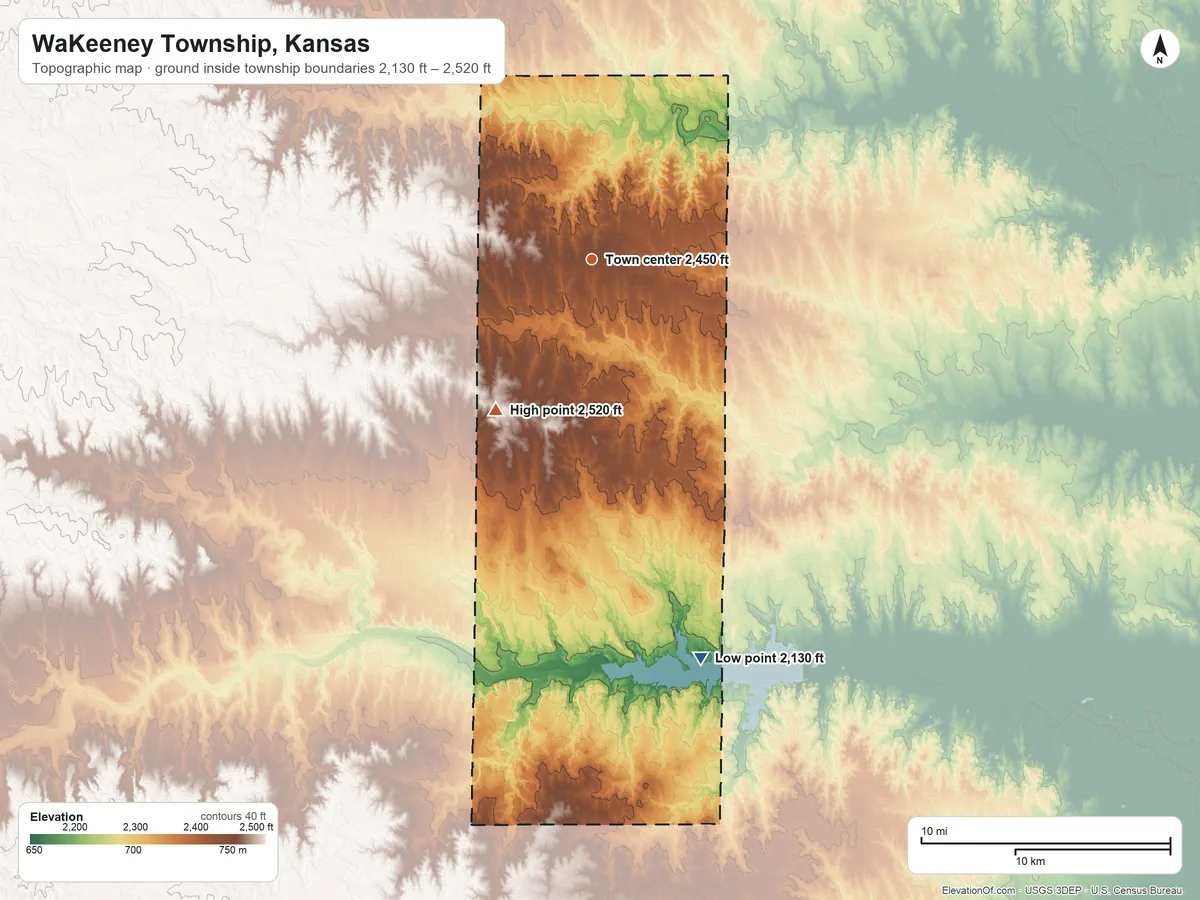 Topographic elevation map of WaKeeney Township, Kansas, shaded from 2,130 ft on the south side to 2,520 ft on the southwest side