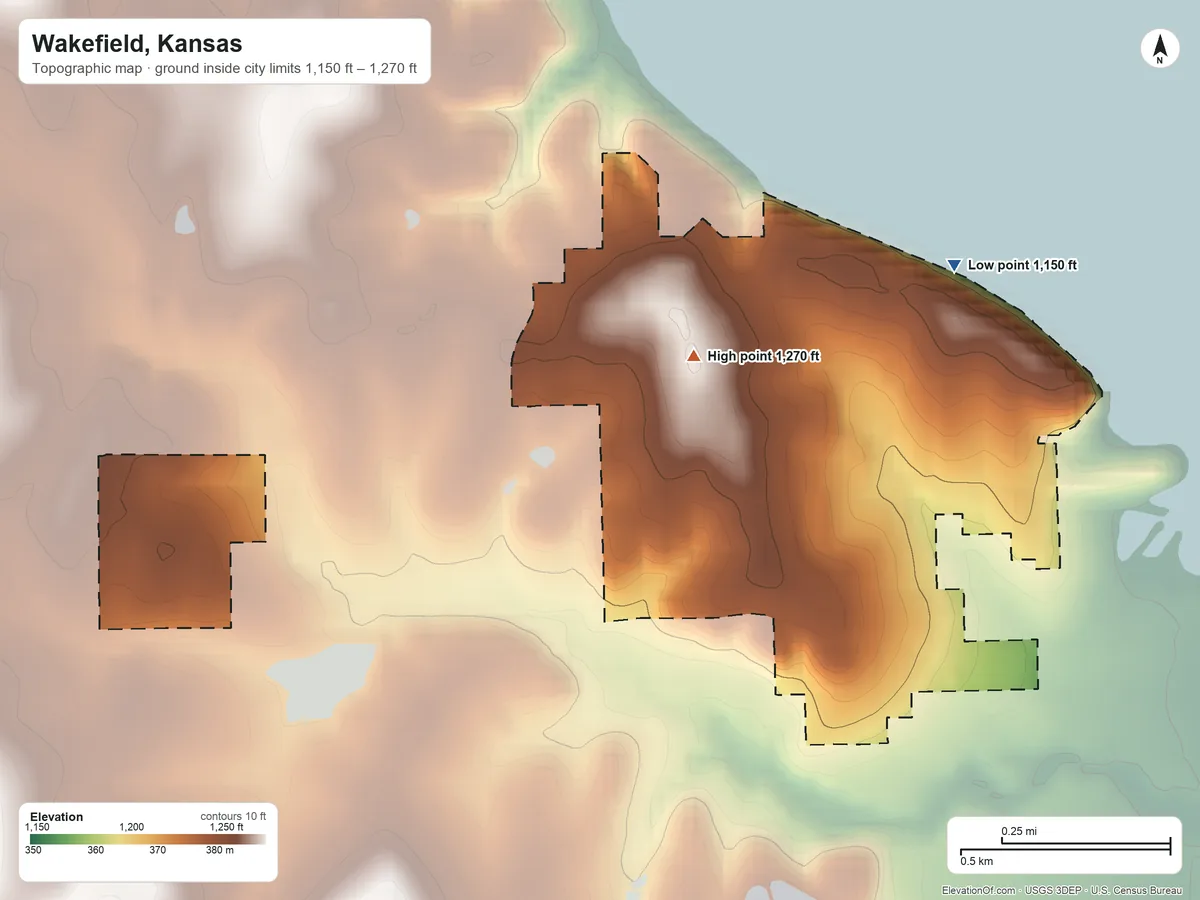 Topographic elevation map of Wakefield, Kansas, shaded from 1,150 ft on the northeast side to 1,270 ft near the middle