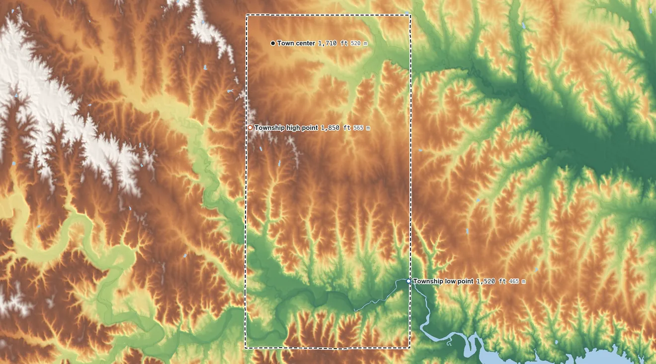 Topographic elevation map of Waldo Township, Kansas, shaded from 1,520 ft on the southeast side to 1,850 ft on the south side
