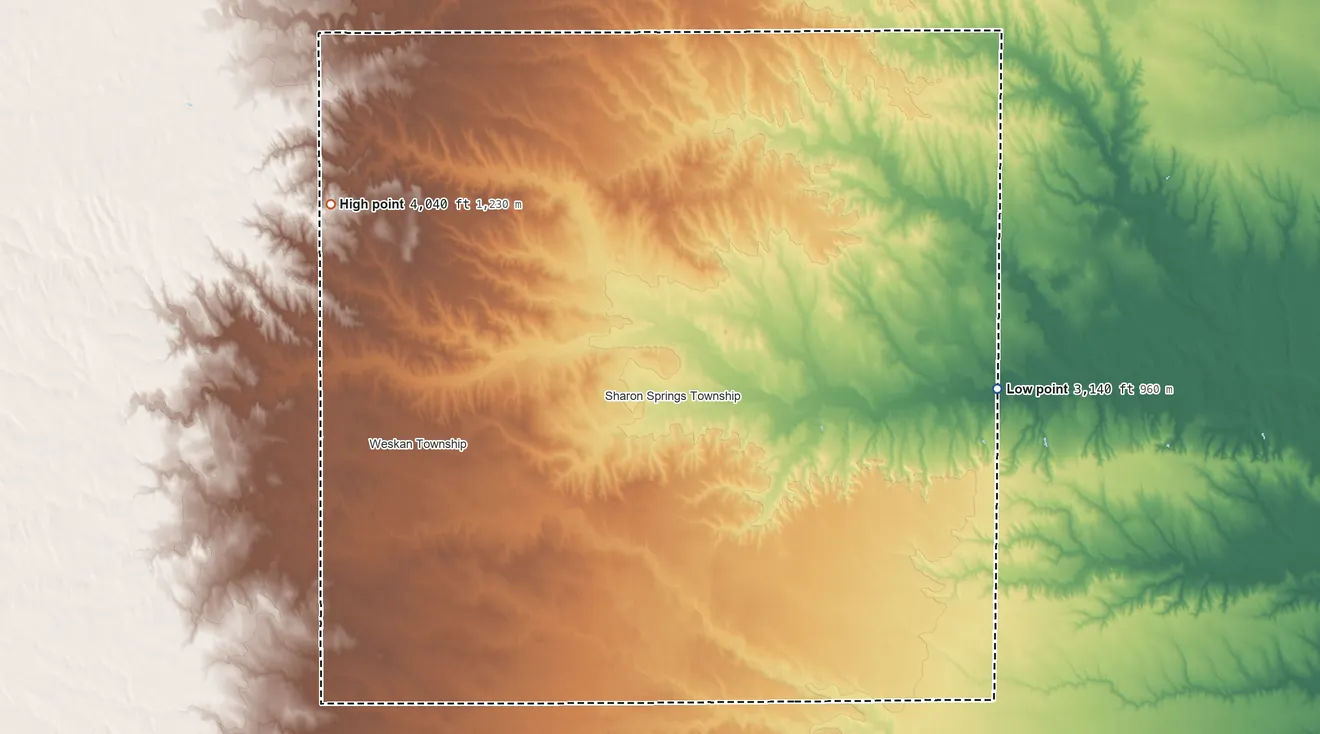Topographic elevation map of Wallace County, Kansas, shaded from 3,140 ft on the east side to 4,040 ft on Mount Sunflower