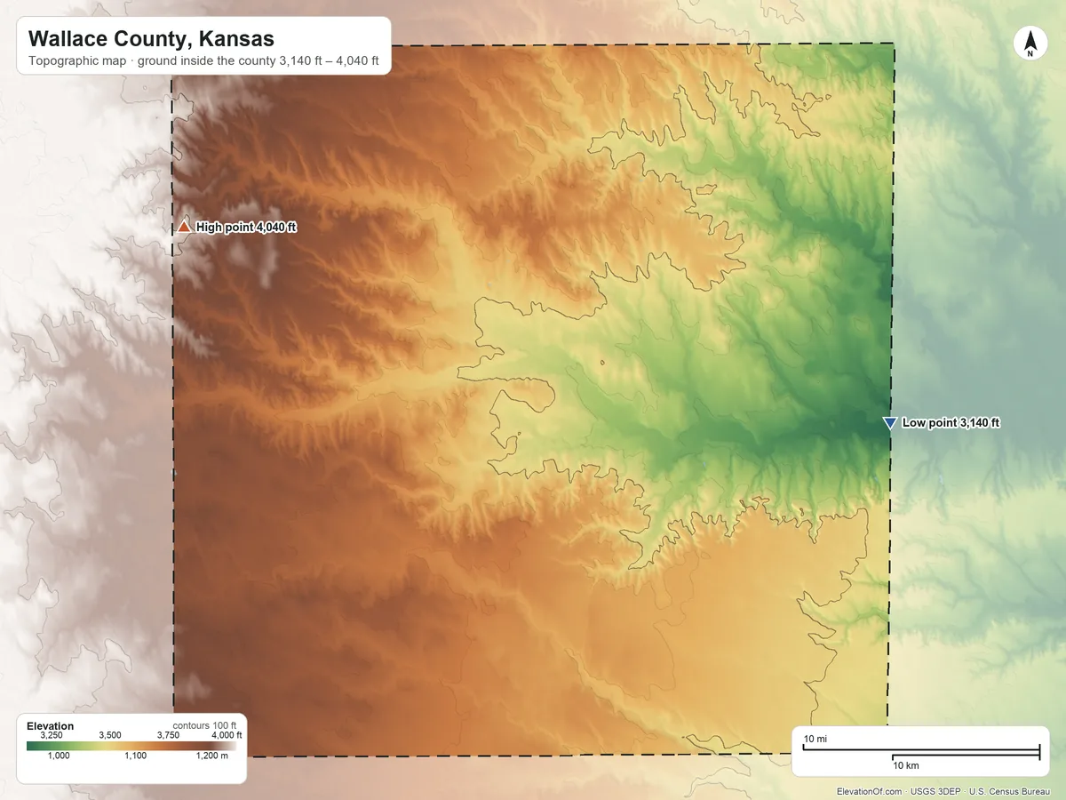 Topographic elevation map of Wallace County, Kansas, shaded from 3,140 ft on the east side to 4,040 ft on Mount Sunflower
