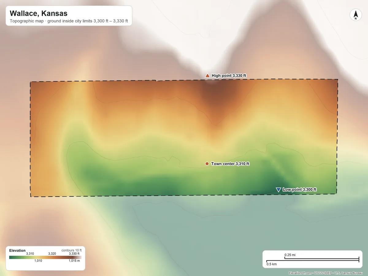 Topographic elevation map of Wallace, Kansas, shaded from 3,300 ft on the east side to 3,330 ft on the north side