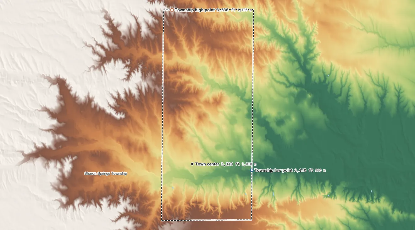 Topographic elevation map of Wallace Township, Kansas, shaded from 3,140 ft on the east side to 3,630 ft on the north side