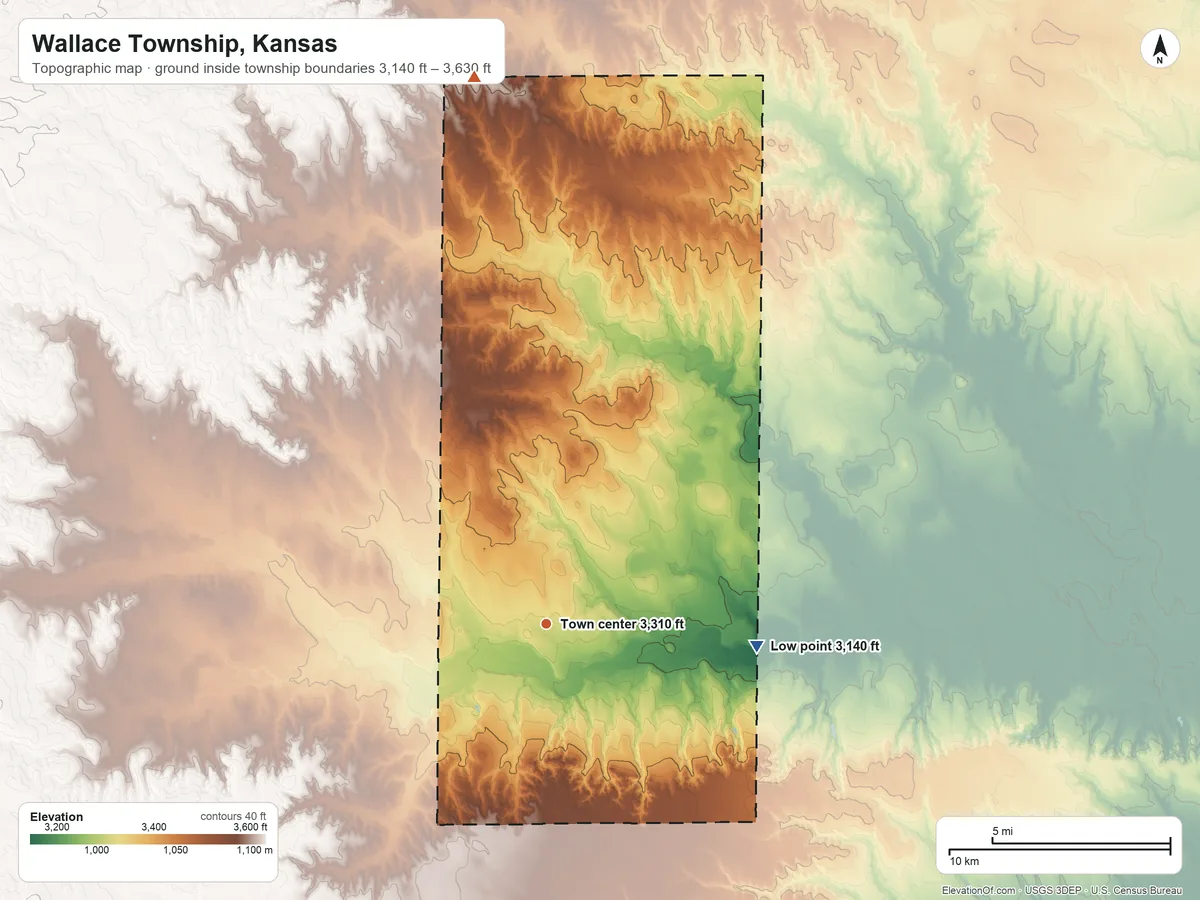 Topographic elevation map of Wallace Township, Kansas, shaded from 3,140 ft on the east side to 3,630 ft on the north side