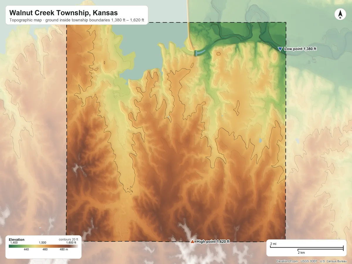 Topographic elevation map of Walnut Creek Township, Kansas, shaded from 1,380 ft on the northeast side to 1,620 ft on the south side
