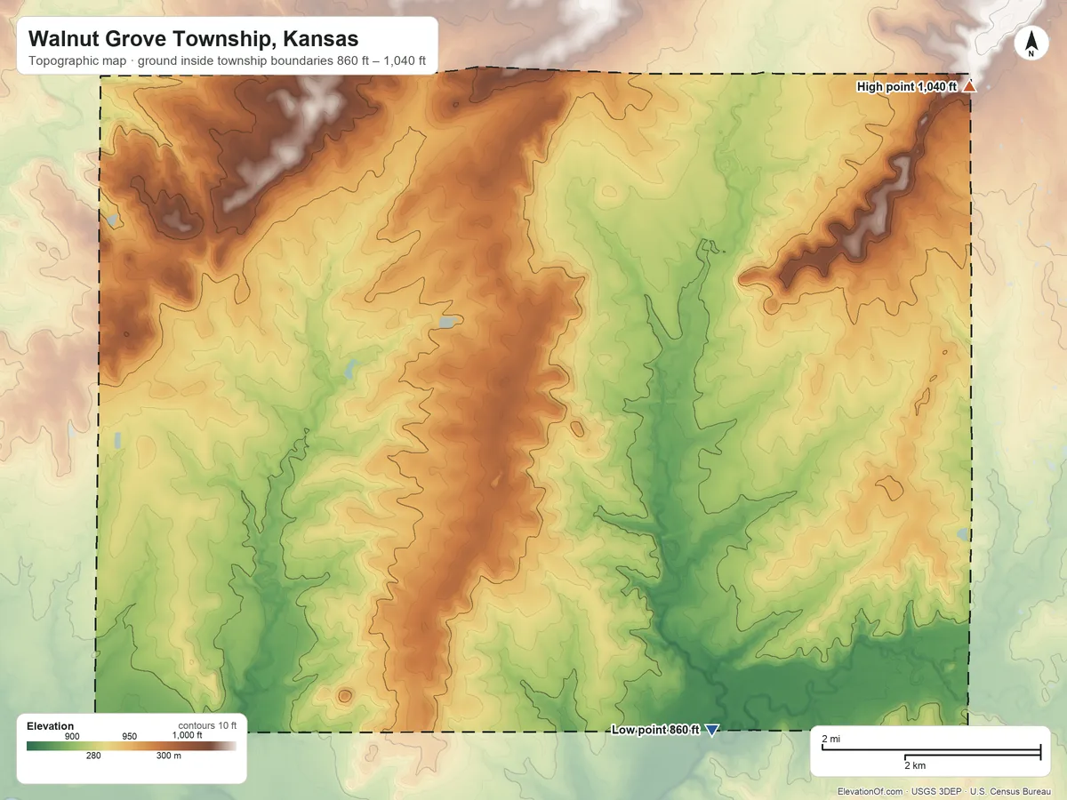 Topographic elevation map of Walnut Grove Township, Kansas, shaded from 860 ft on the southeast side to 1,040 ft on the northeast side