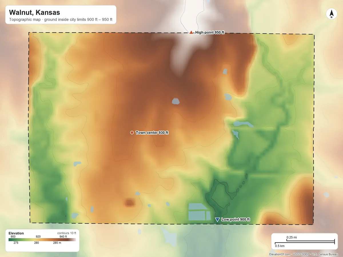 Topographic elevation map of Walnut, Kansas, shaded from 900 ft on the southeast side to 950 ft on the northeast side