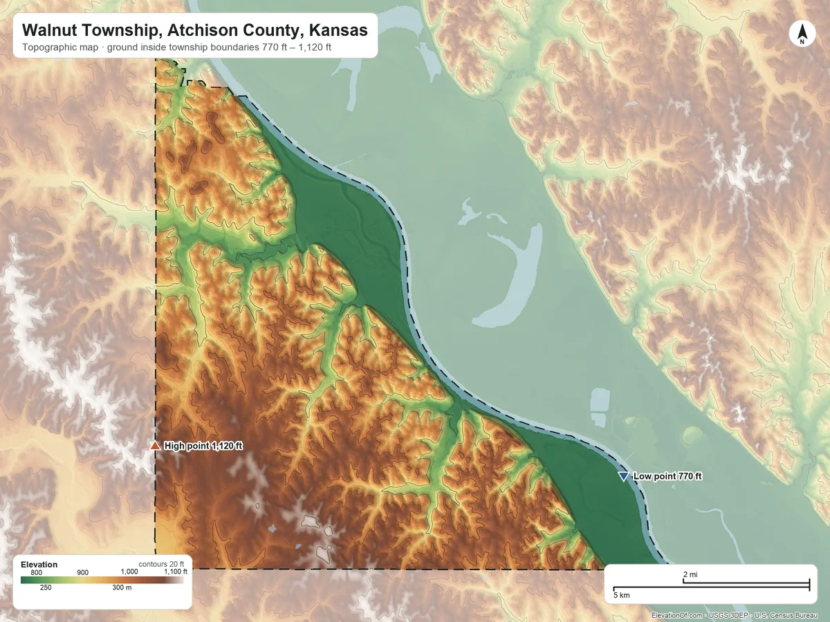 Topographic elevation map of Walnut Township, Atchison County, Kansas, shaded from 770 ft on the southeast side to 1,120 ft on the southwest side