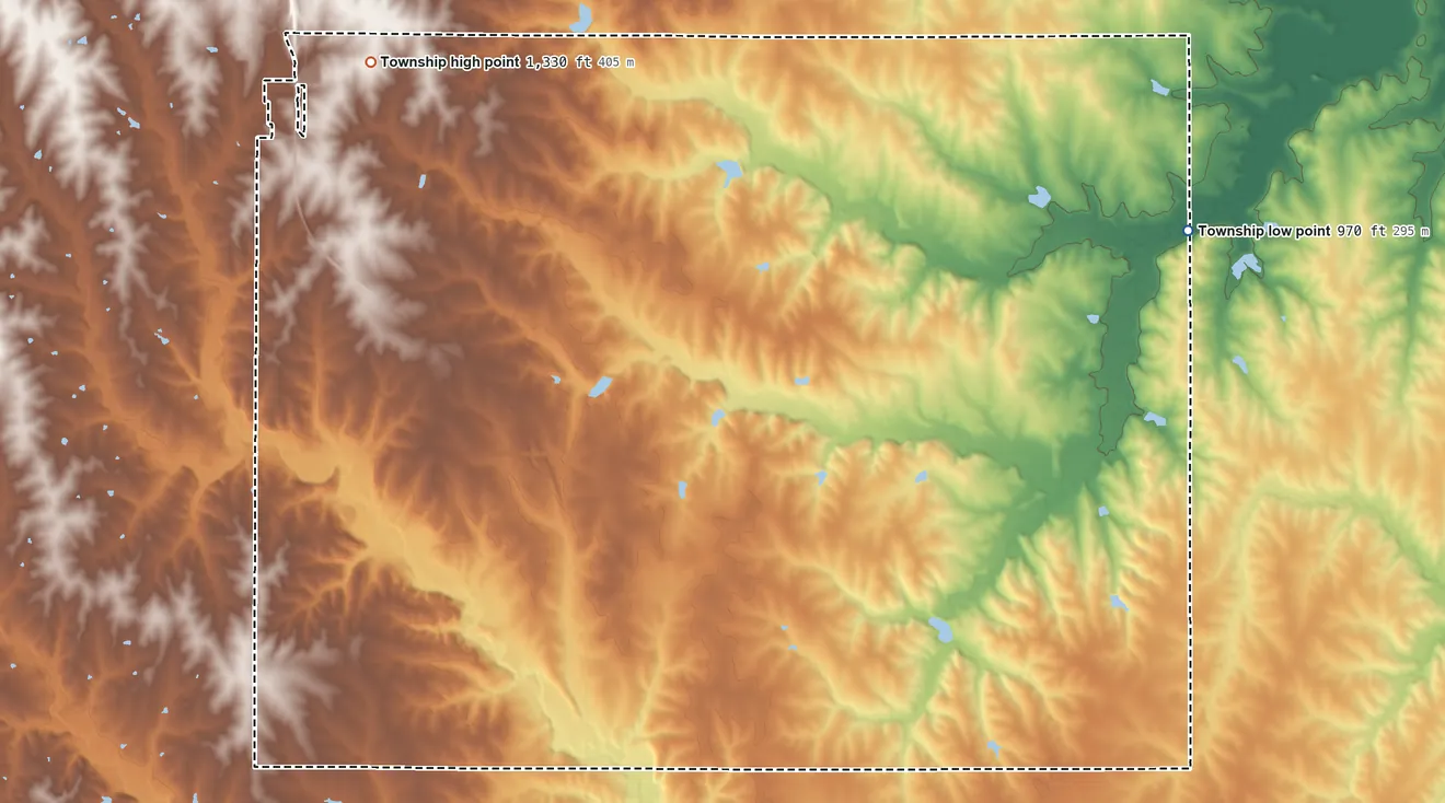 Topographic elevation map of Walnut Township, Brown County, Kansas, shaded from 970 ft on the east side to 1,330 ft on the northwest side