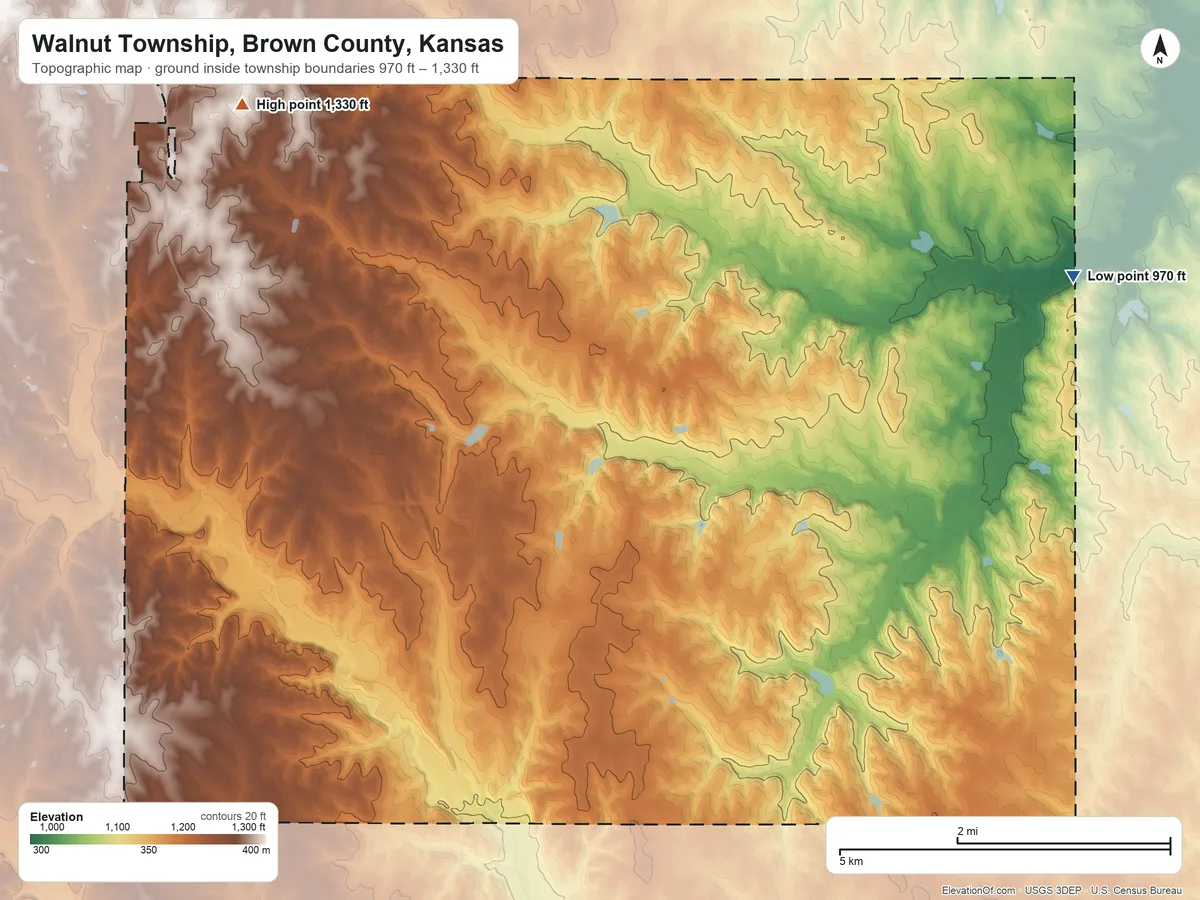 Topographic elevation map of Walnut Township, Brown County, Kansas, shaded from 970 ft on the east side to 1,330 ft on the northwest side