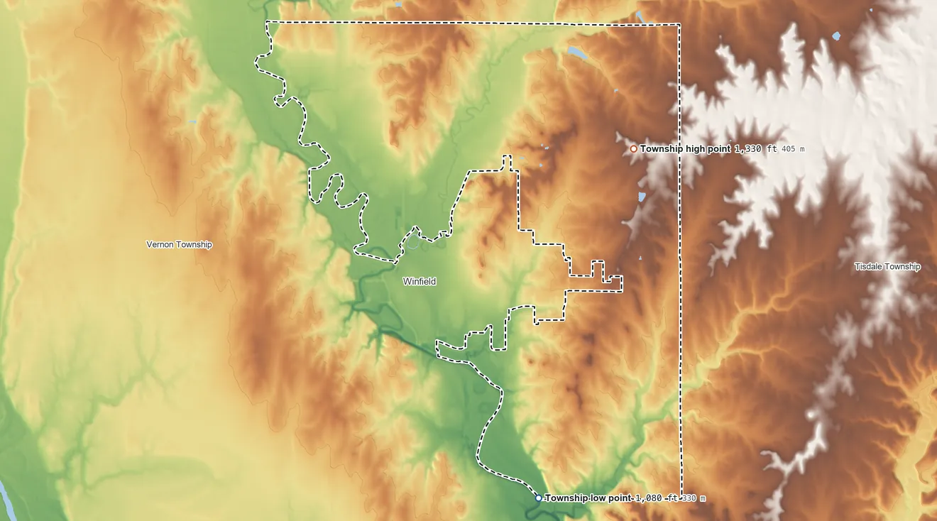 Topographic elevation map of Walnut Township, Cowley County, Kansas, shaded from 1,080 ft on the south side to 1,330 ft on the east side