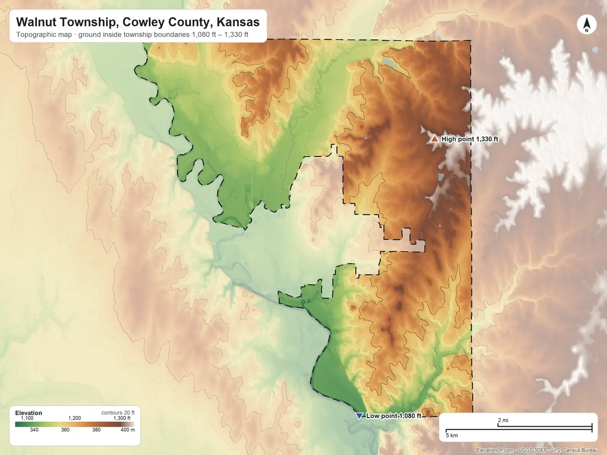 Topographic elevation map of Walnut Township, Cowley County, Kansas, shaded from 1,080 ft on the south side to 1,330 ft on the east side