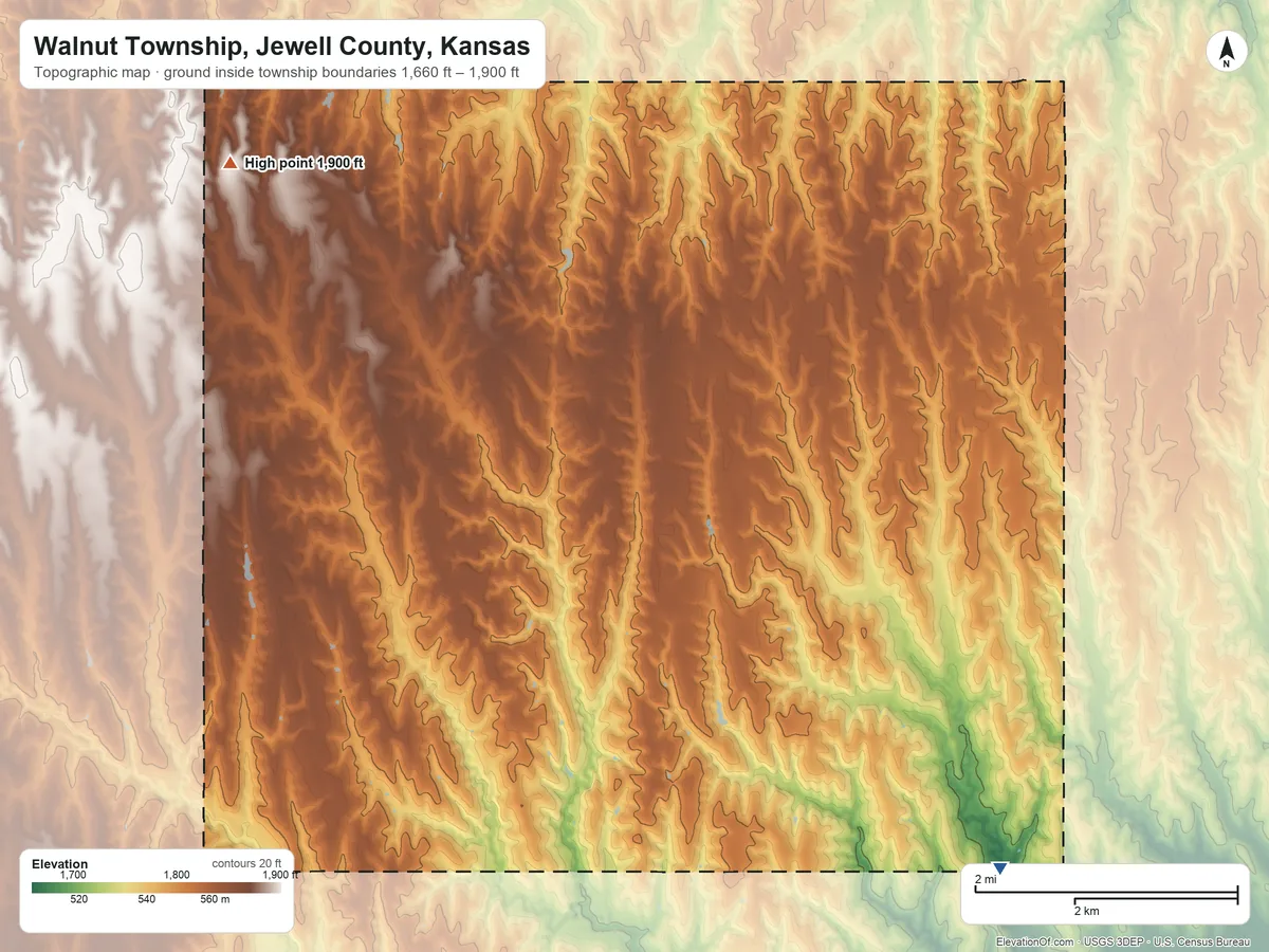 Topographic elevation map of Walnut Township, Jewell County, Kansas, shaded from 1,660 ft on the southeast side to 1,900 ft on the northwest side