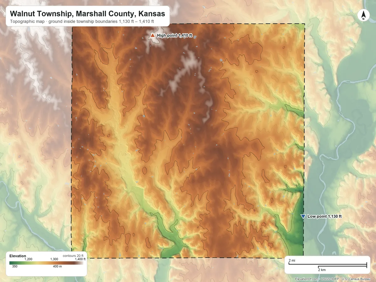Topographic elevation map of Walnut Township, Marshall County, Kansas, shaded from 1,130 ft on the southeast side to 1,410 ft on the northwest side