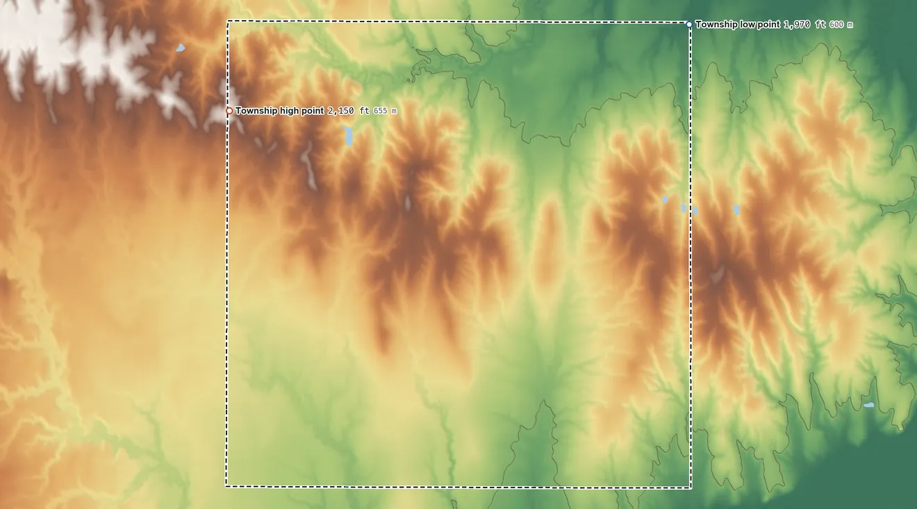 Topographic elevation map of Walnut Township, Pawnee County, Kansas, shaded from 1,970 ft on the northeast side to 2,150 ft on the northwest side