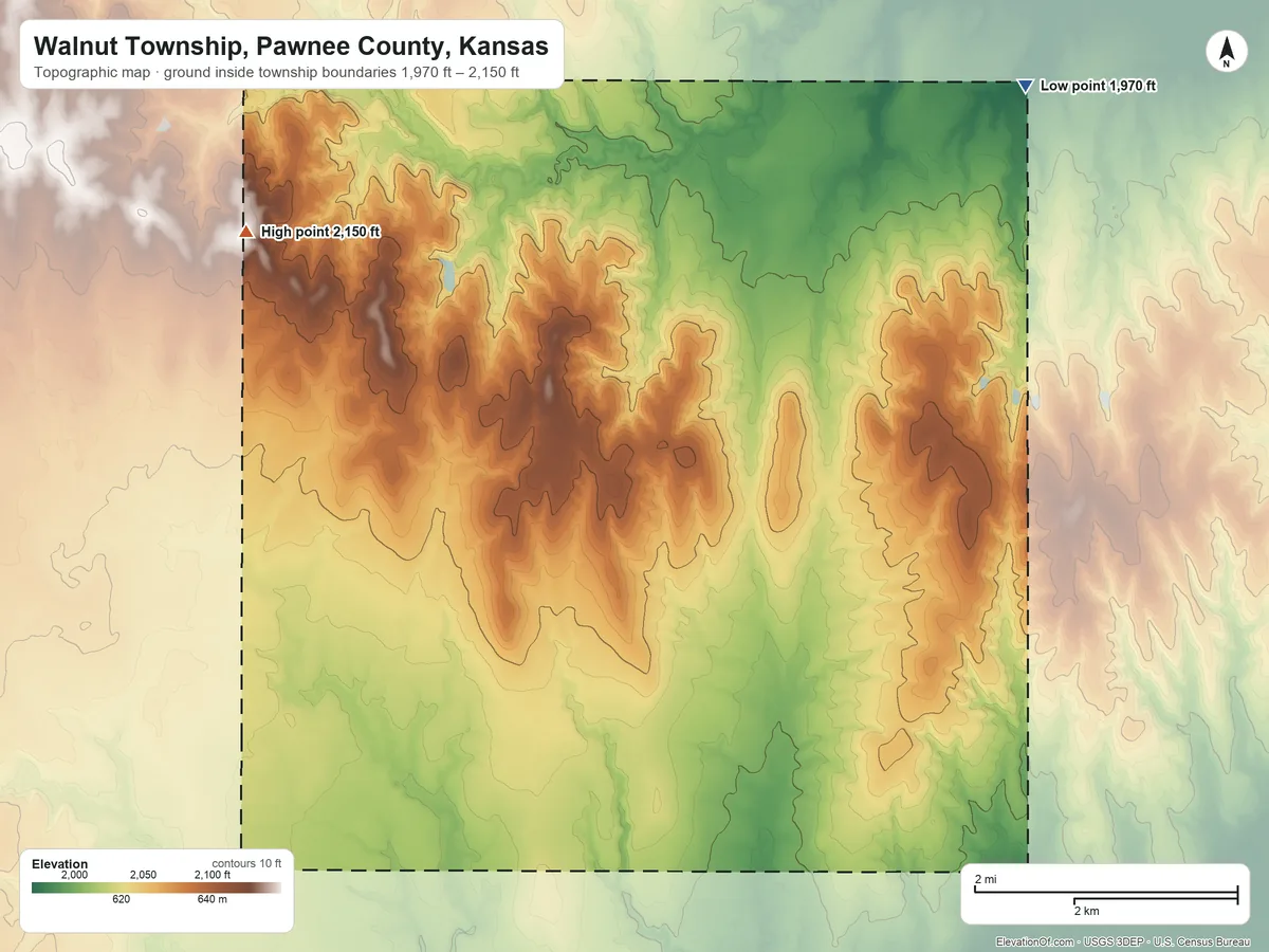 Topographic elevation map of Walnut Township, Pawnee County, Kansas, shaded from 1,970 ft on the northeast side to 2,150 ft on the northwest side