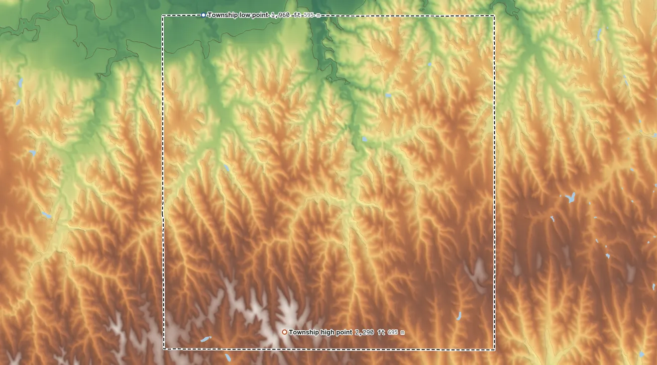 Topographic elevation map of Walnut Township, Phillips County, Kansas, shaded from 1,960 ft on the northwest side to 2,290 ft on the south side