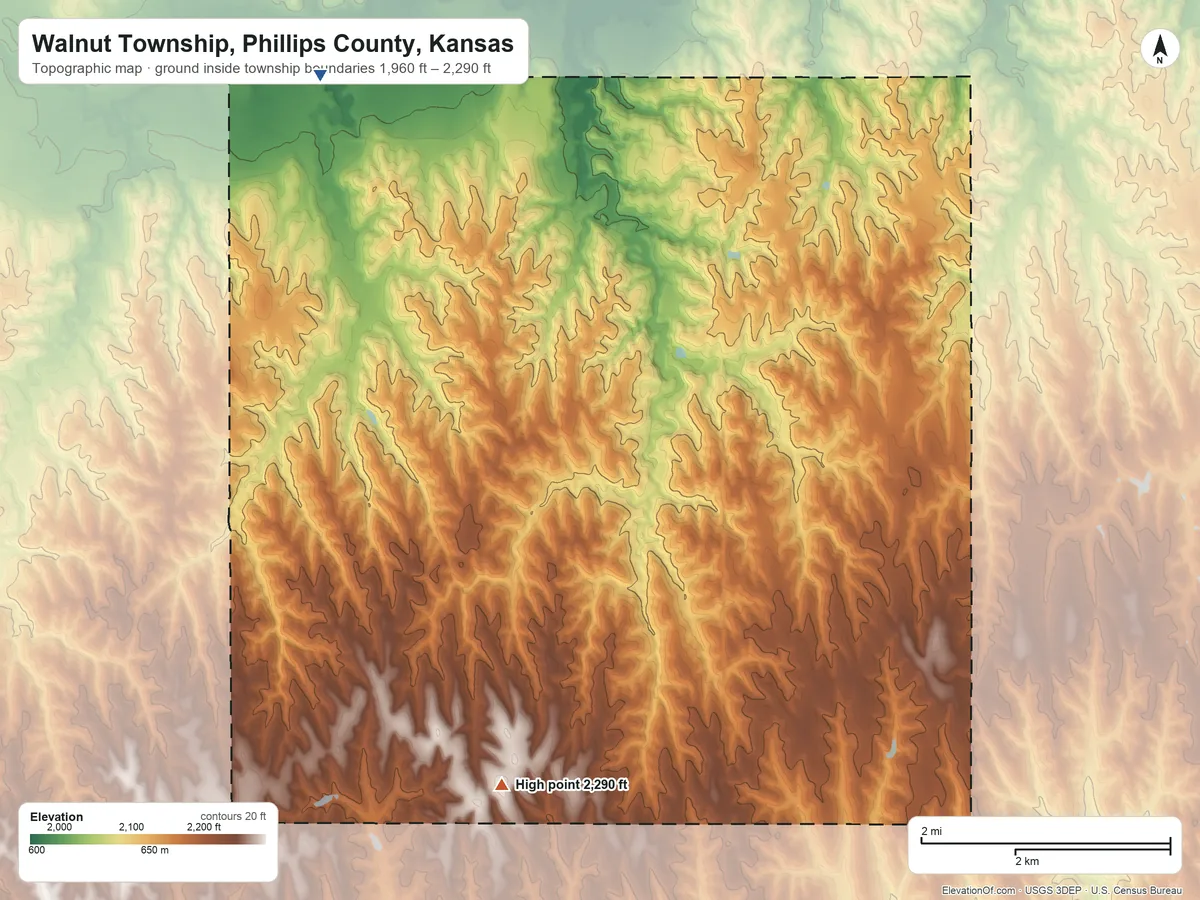 Topographic elevation map of Walnut Township, Phillips County, Kansas, shaded from 1,960 ft on the northwest side to 2,290 ft on the south side