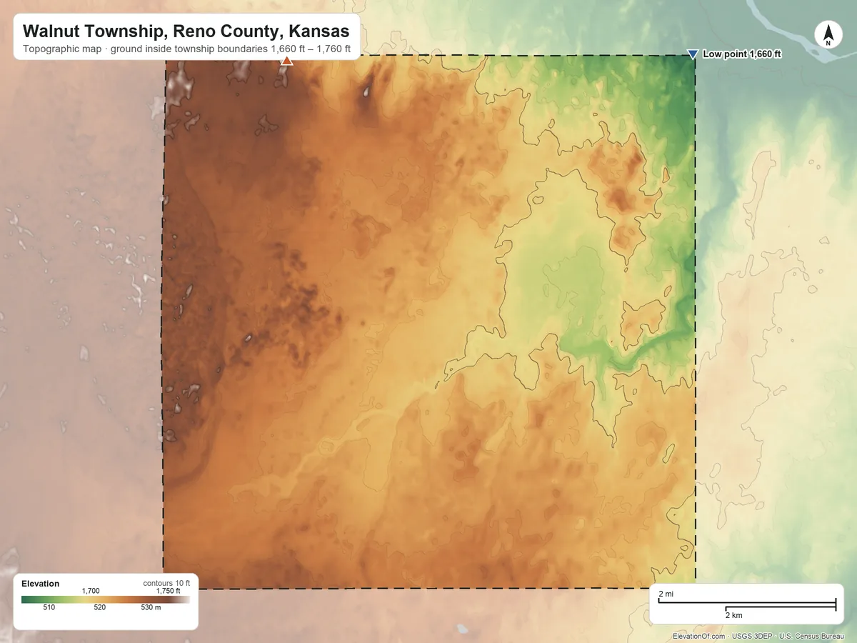 Topographic elevation map of Walnut Township, Reno County, Kansas, shaded from 1,660 ft on the north side to 1,760 ft on the northwest side