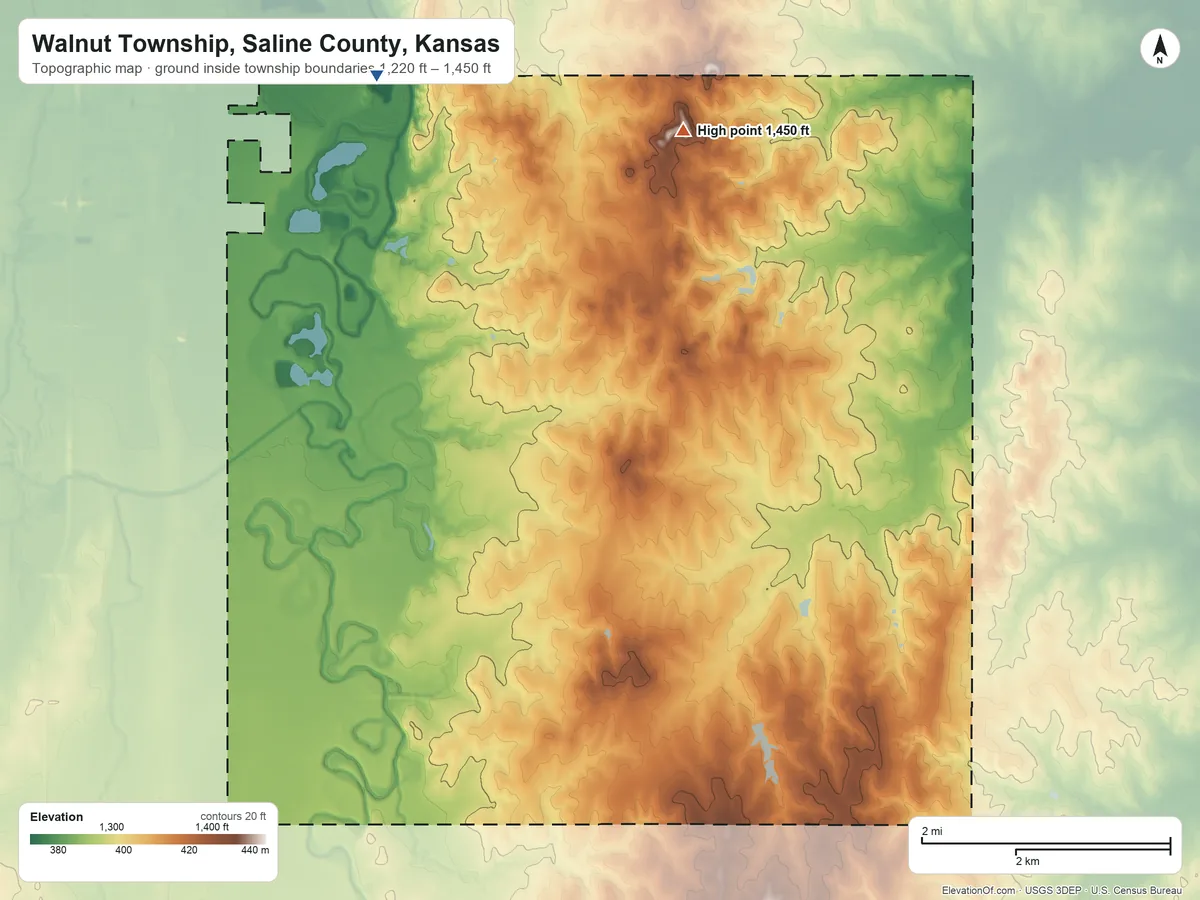 Topographic elevation map of Walnut Township, Saline County, Kansas, shaded from 1,220 ft on the northwest side to 1,450 ft on the northeast side