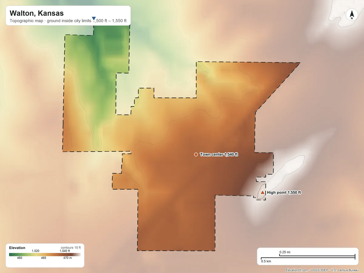 Topographic elevation map of Walton, Kansas, shaded from 1,500 ft on the northwest side to 1,550 ft on the southeast side
