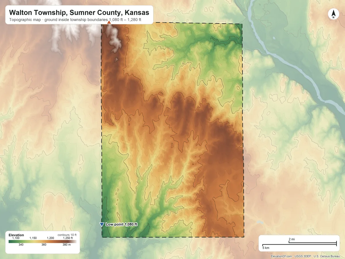 Topographic elevation map of Walton Township, Sumner County, Kansas, shaded from 1,080 ft on the southwest side to 1,280 ft on the northwest side