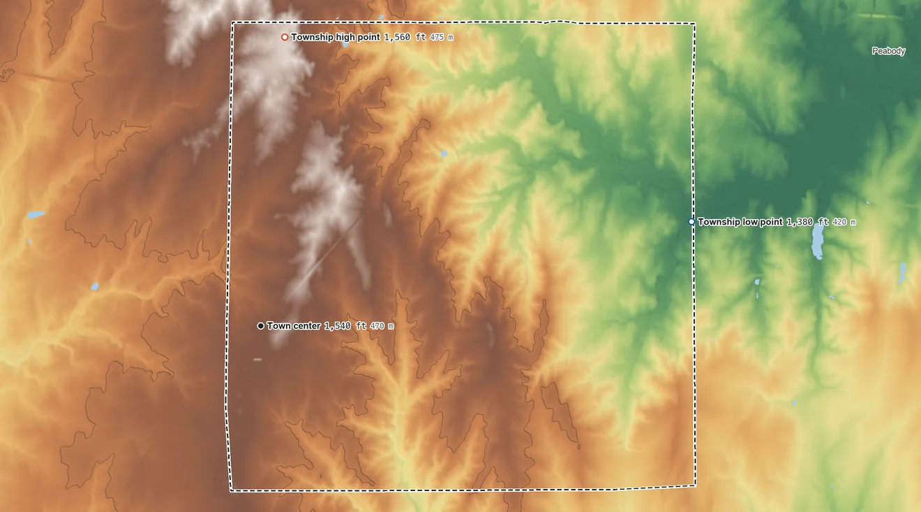 Topographic elevation map of Walton Township, Kansas, shaded from 1,380 ft on the east side to 1,560 ft on the north side