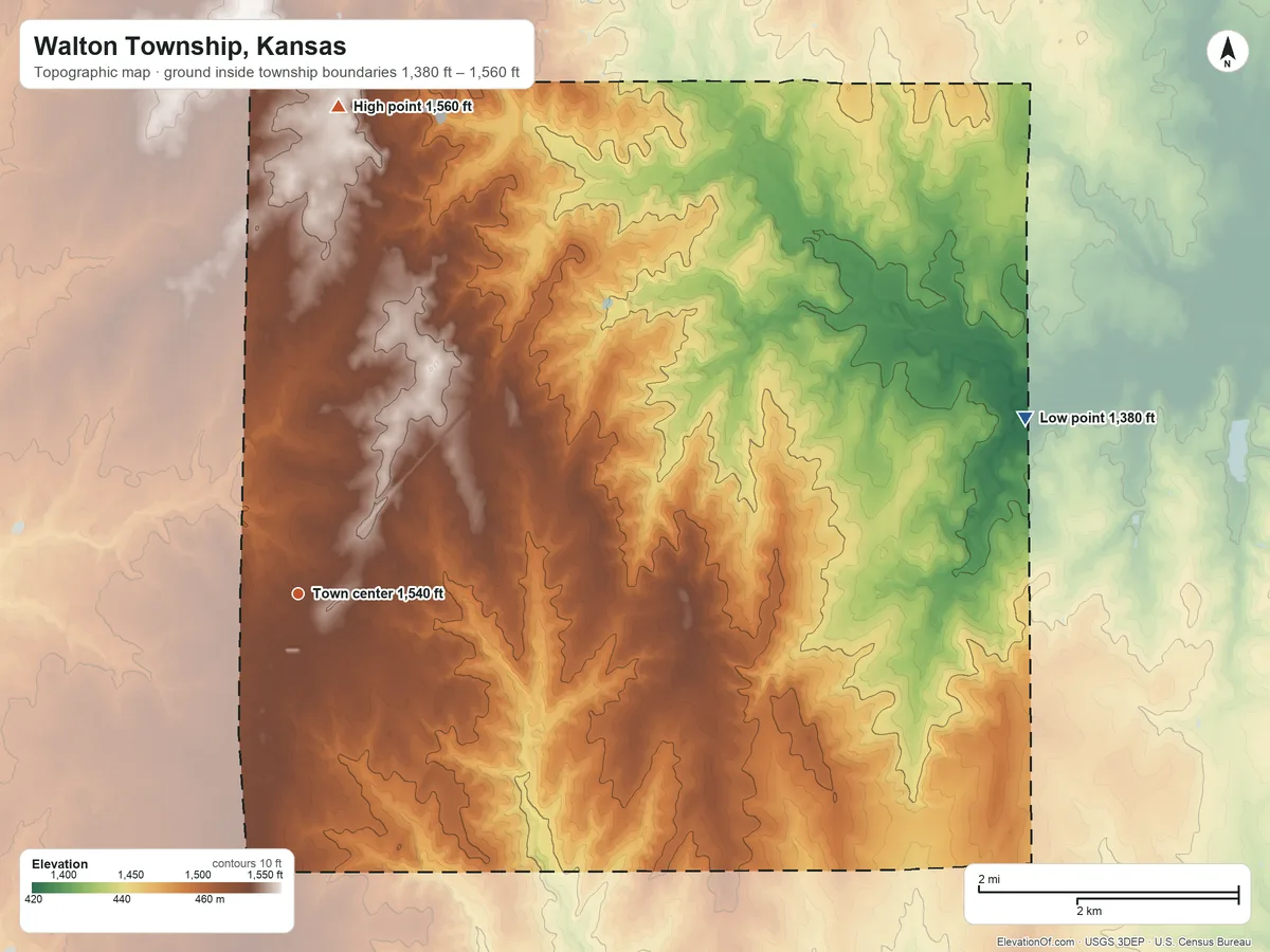 Topographic elevation map of Walton Township, Kansas, shaded from 1,380 ft on the east side to 1,560 ft on the north side