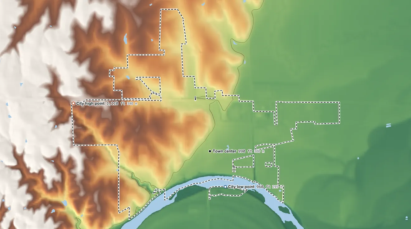 Topographic elevation map of Wamego, Kansas, shaded from 960 ft on the southeast side to 1,110 ft on the west side