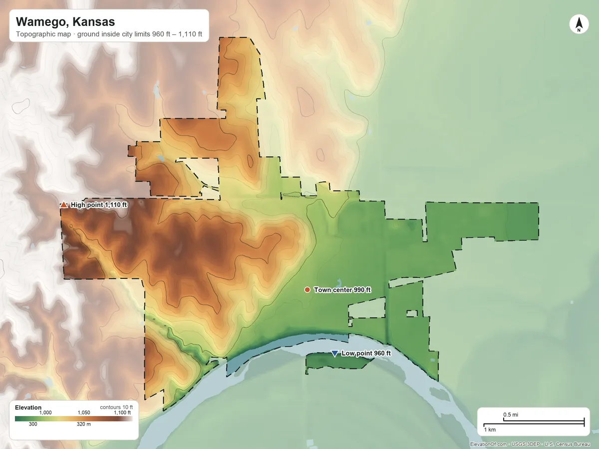 Topographic elevation map of Wamego, Kansas, shaded from 960 ft on the southeast side to 1,110 ft on the west side