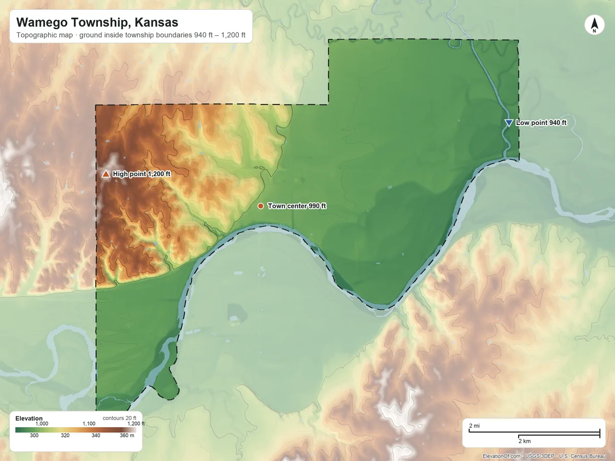 Topographic elevation map of Wamego Township, Kansas, shaded from 940 ft on the east side to 1,200 ft on the west side
