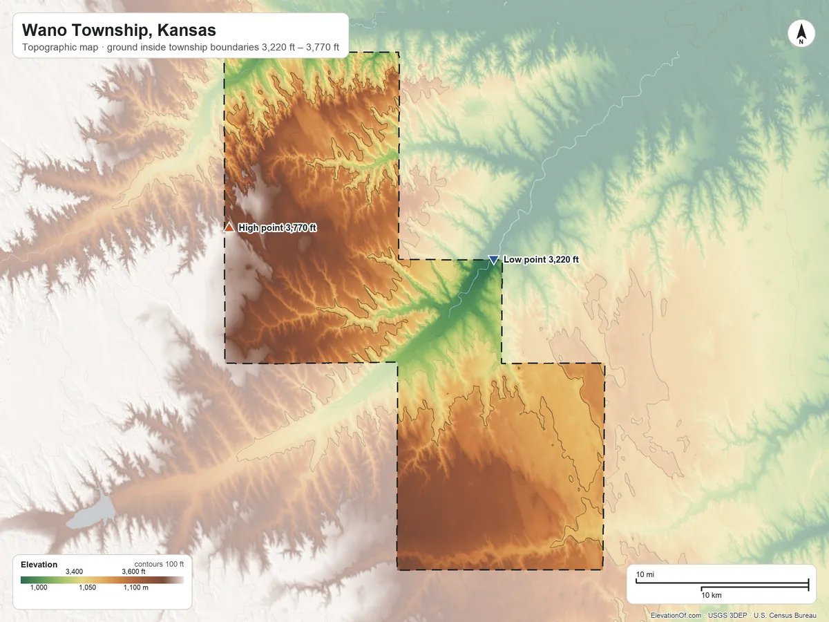 Topographic elevation map of Wano Township, Kansas, shaded from 3,220 ft on the northeast side to 3,770 ft on the northwest side