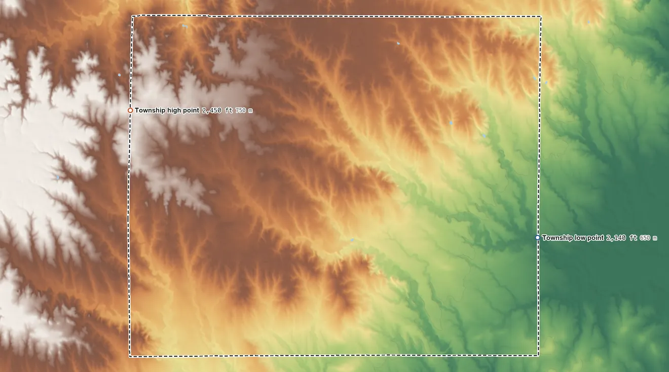 Topographic elevation map of Waring Township, Kansas, shaded from 2,140 ft on the east side to 2,450 ft on the west side