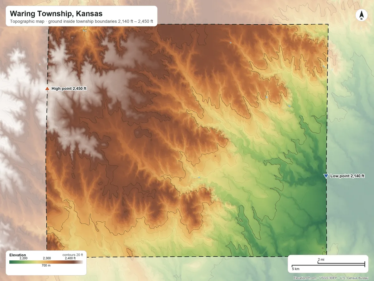 Topographic elevation map of Waring Township, Kansas, shaded from 2,140 ft on the east side to 2,450 ft on the west side