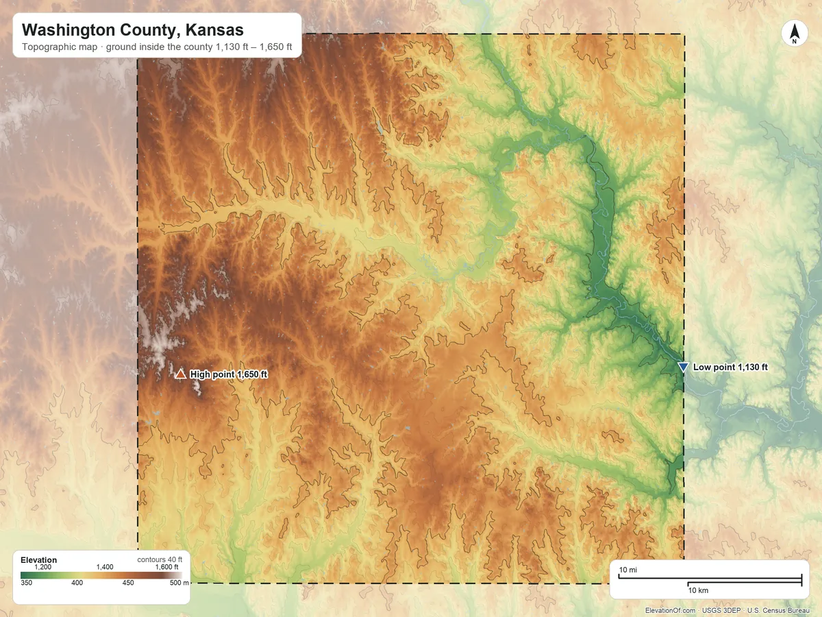 Topographic elevation map of Washington County, Kansas, shaded from 1,130 ft on the east side to 1,650 ft on the west side