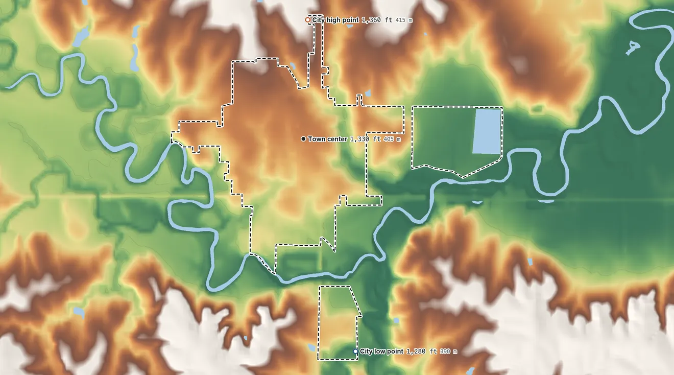 Topographic elevation map of Washington, Kansas, shaded from 1,280 ft on the south side to 1,360 ft on the north side