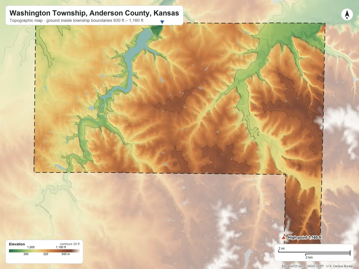Topographic elevation map of Washington Township, Anderson County, Kansas, shaded from 930 ft on the north side to 1,160 ft on the southeast side