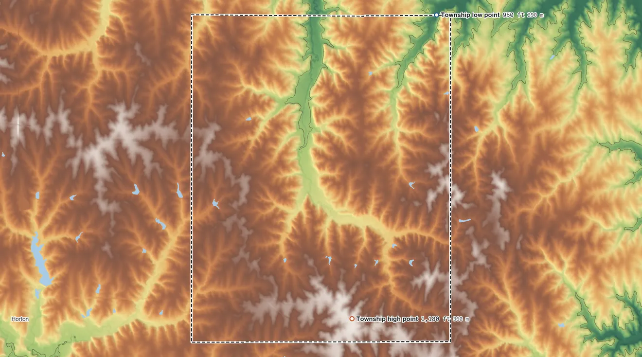 Topographic elevation map of Washington Township, Brown County, Kansas, shaded from 950 ft on the northeast side to 1,180 ft on the southeast side