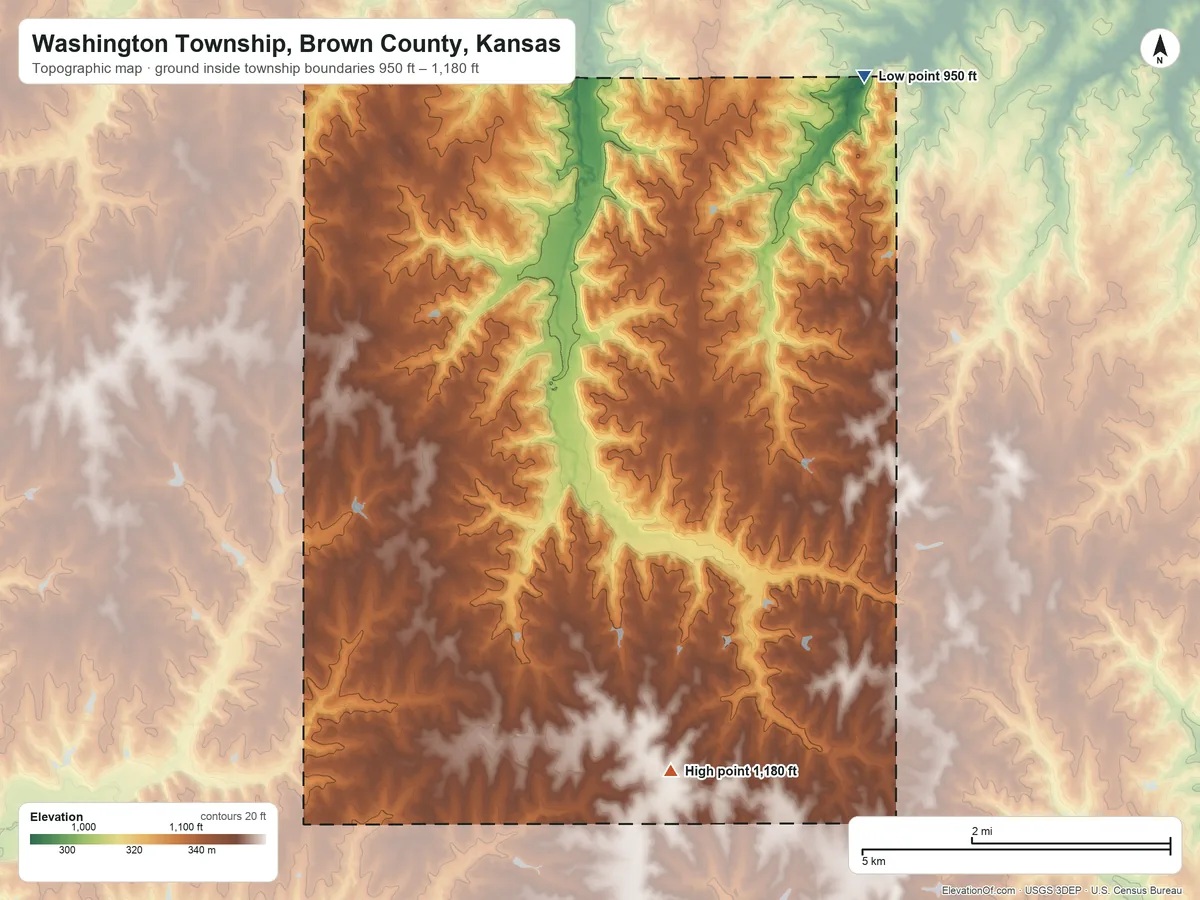 Topographic elevation map of Washington Township, Brown County, Kansas, shaded from 950 ft on the northeast side to 1,180 ft on the southeast side