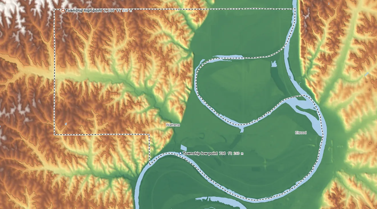 Topographic elevation map of Washington Township, Doniphan County, Kansas, shaded from 790 ft on the southwest side to 1,140 ft on the northwest side