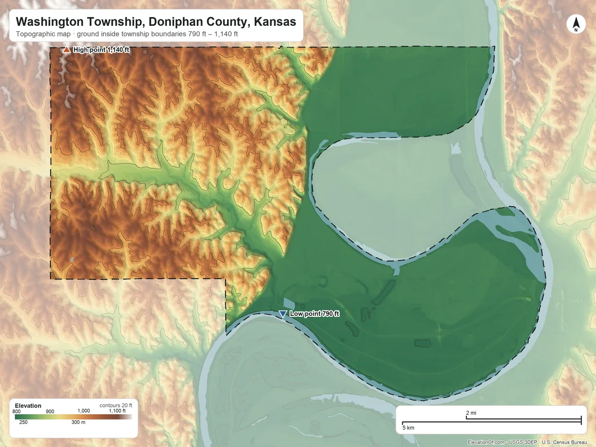 Topographic elevation map of Washington Township, Doniphan County, Kansas, shaded from 790 ft on the southwest side to 1,140 ft on the northwest side